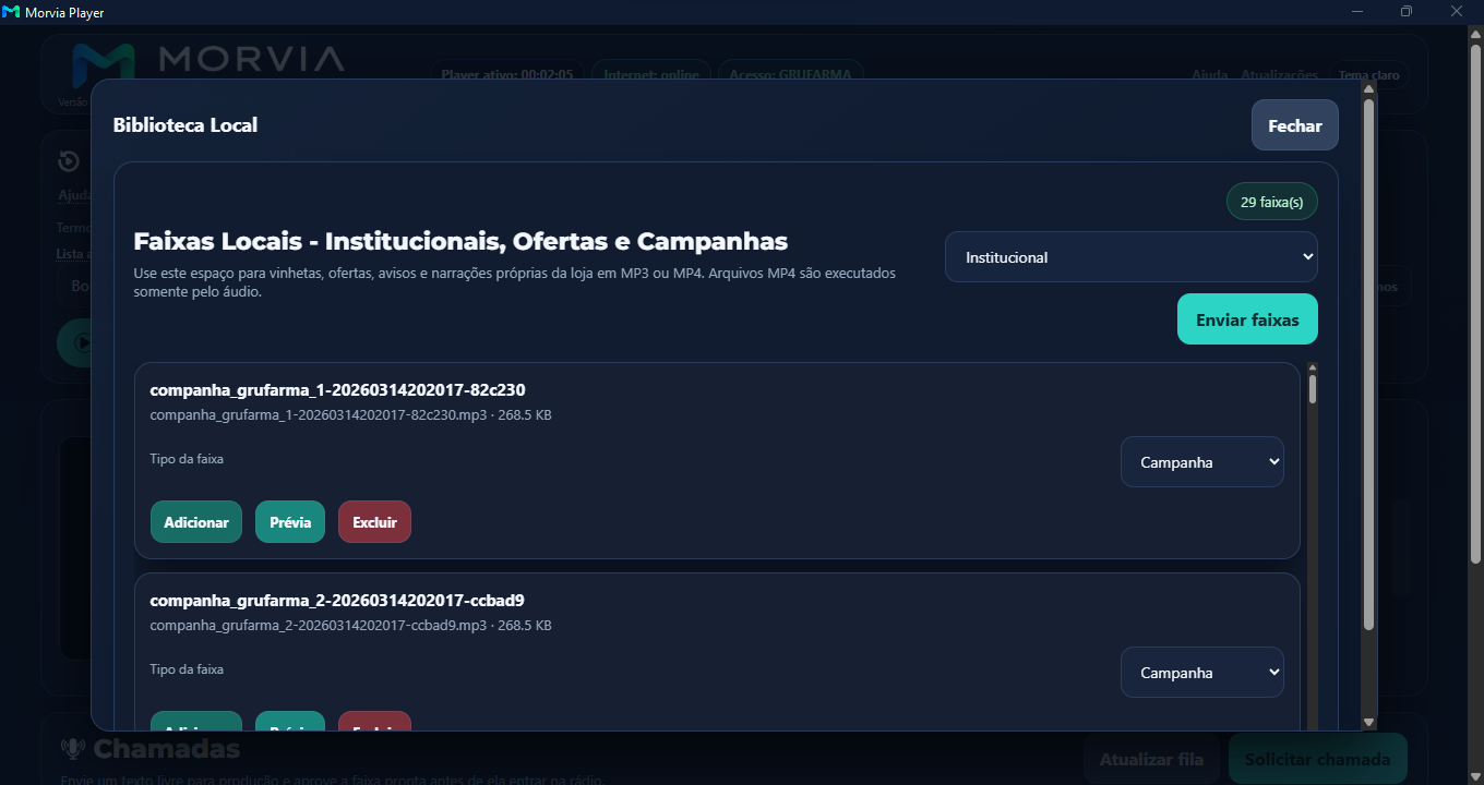 Tela real da biblioteca local do Morvia Player com ofertas, institucionais e campanhas