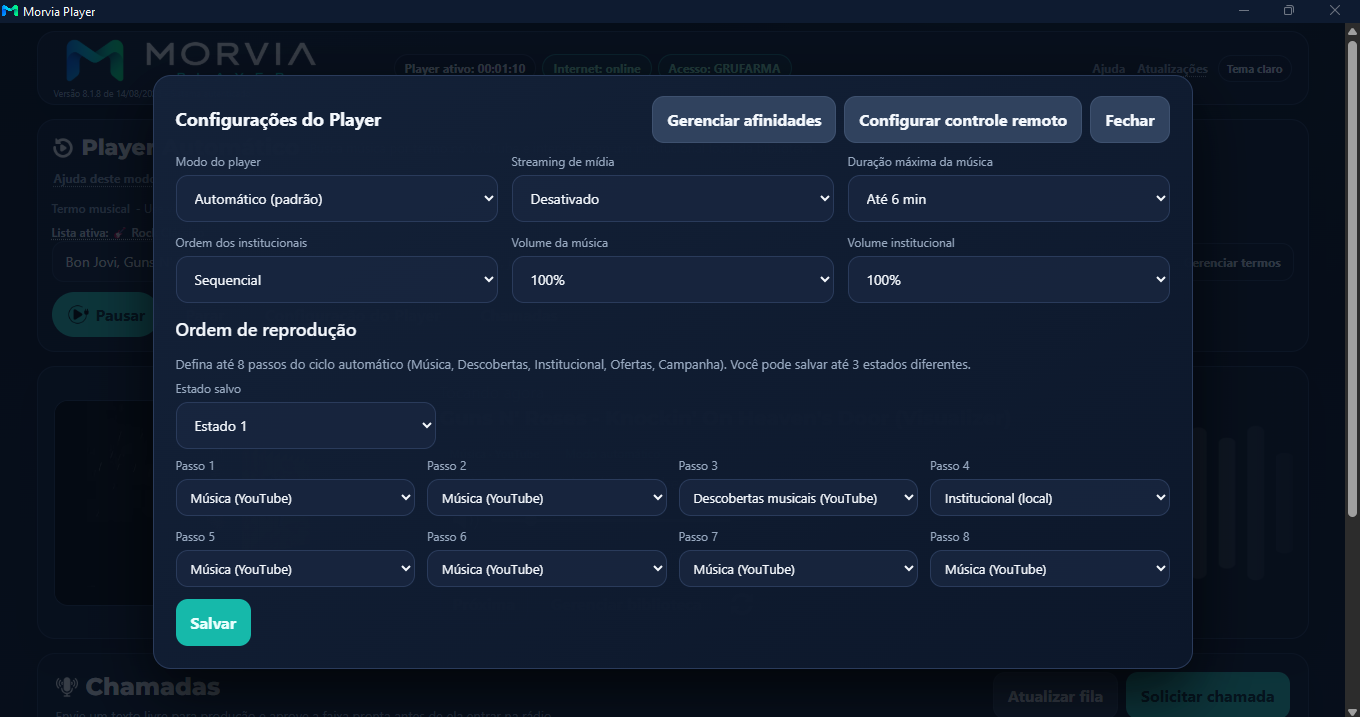 Tela real do Morvia Player configurando uma sequência de música, descoberta e institucional