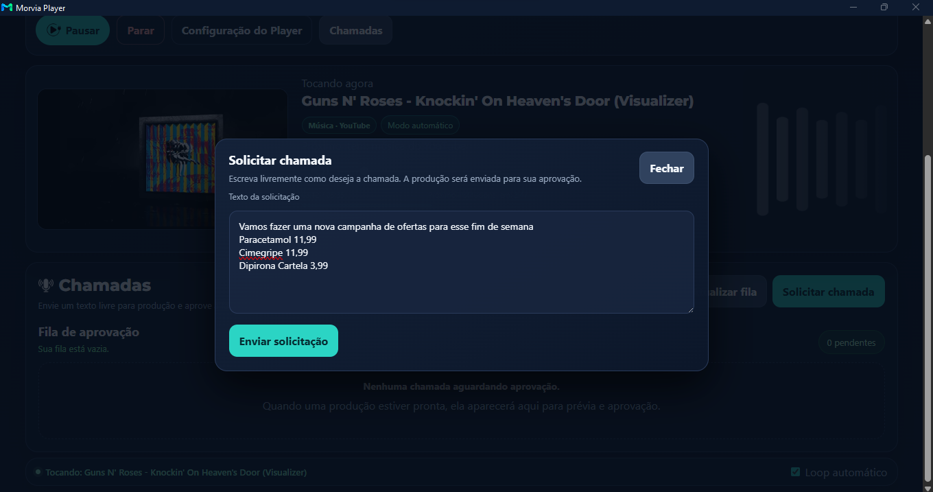 Tela real para solicitar e aprovar chamadas no Morvia Player