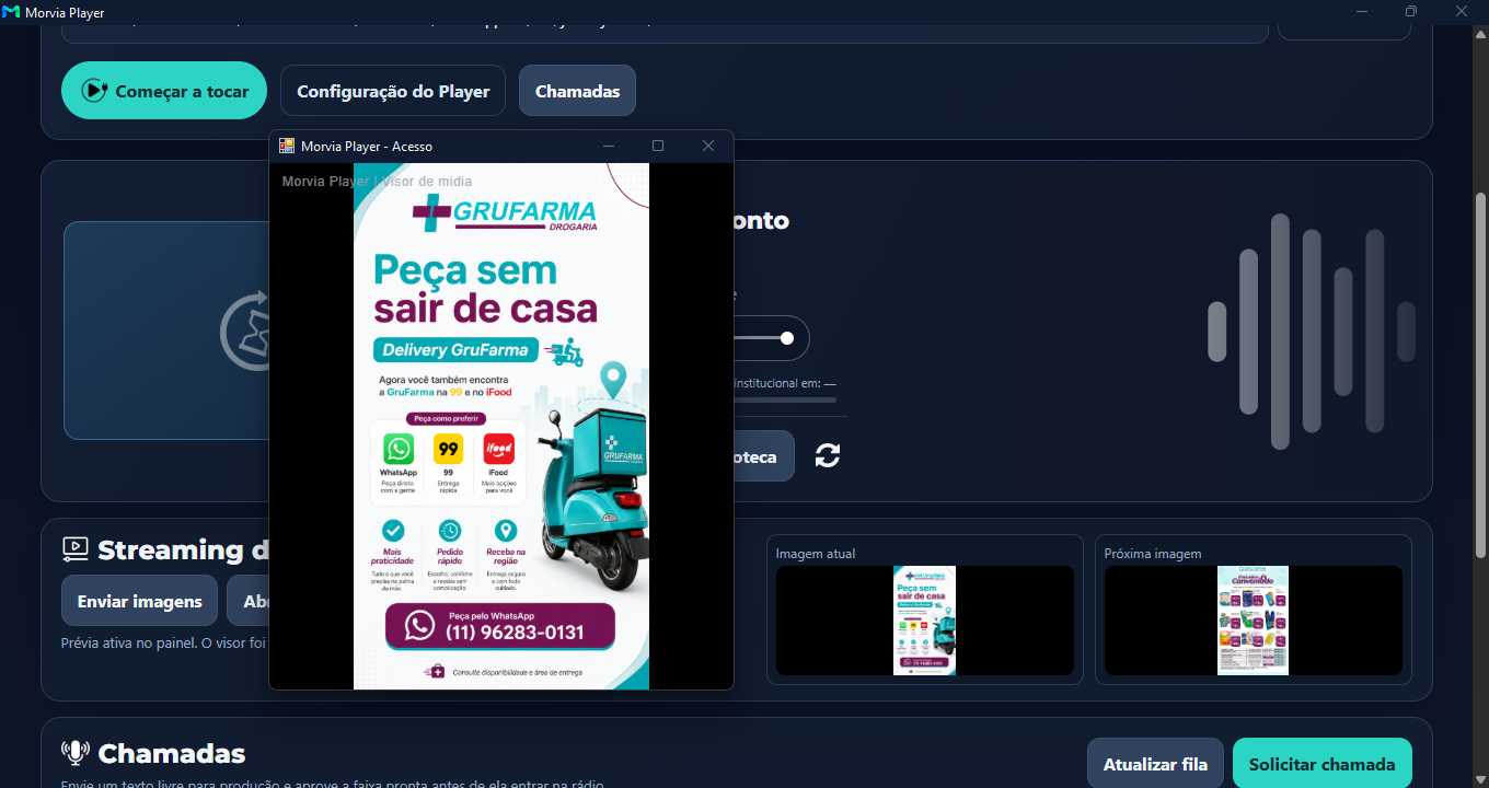 Tela real do visor de streaming de mídia do Morvia Player exibindo uma campanha comercial
